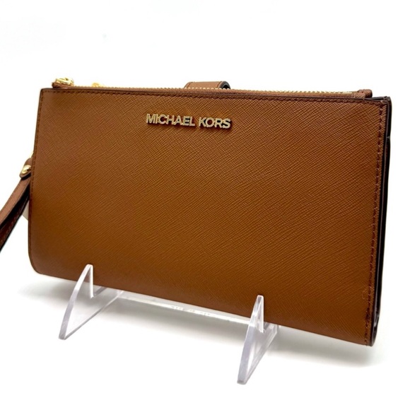 Michael Kors Large Jet Set Travel Logo Double Zip Wallet Luggage Brown - Picture 1 of 7